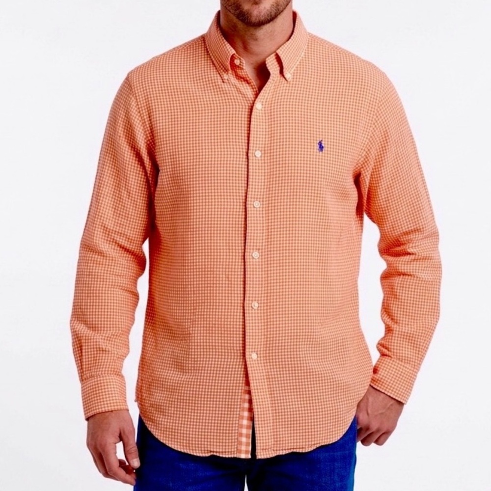 RALPH LAUREN Orange Gingham Button Down Custom Fit Long Sleeve Shirt L Polo